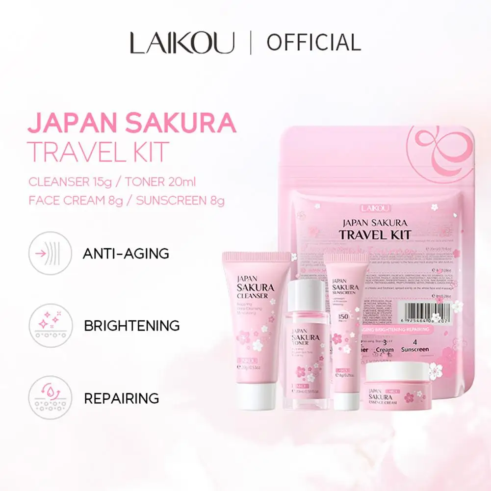Sakura Skin Care Set - Cleanser Serum Eye Cream Facial Cream  Sunscreen Travel Kit for Women