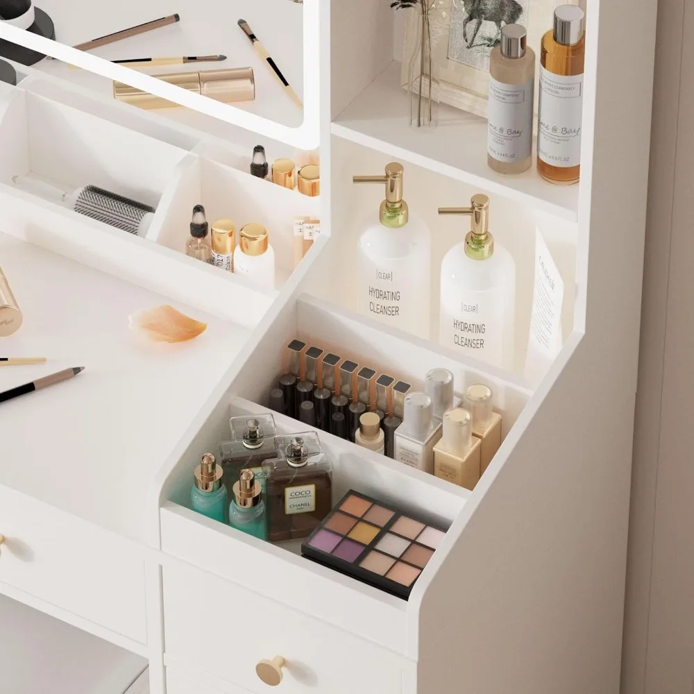 Vanity Desk Mirror and Lights, Makeup Table Charging Station, 45in Vanity Set Comfortable Bench, Big Vanity 5 drawers 5
