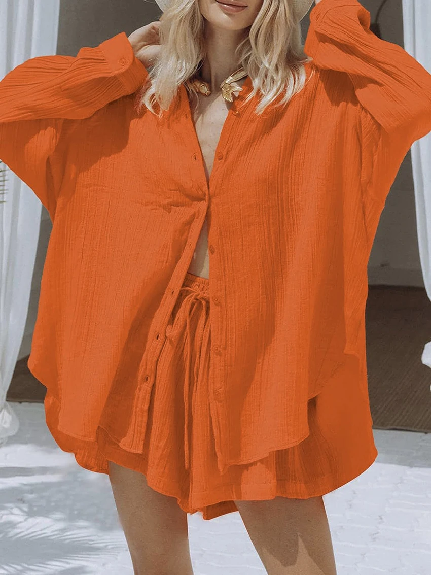 Marthaqiqi Loose Ladies Nightwear 2 Piece Suit Turn-Down Collar Pajamas Long Sleeve Nightgowns Shorts Cotton Home Clothes Women