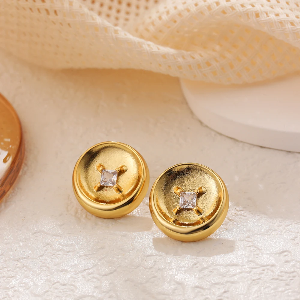 Fashion Thick Circle Round Stud Earrings Gold Plated Inlaid Cubic Zirconia Geometric Women Ear Studs Unique Jewellery Wholesale