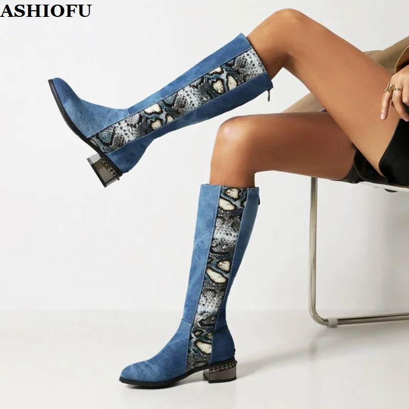 

ASHIOFU Handmade New Hot Sale Ladies Blcoked Heels Midcalf Boots Patchwork Leather Sexy Half Booties Evening Fashion Prom Shoes