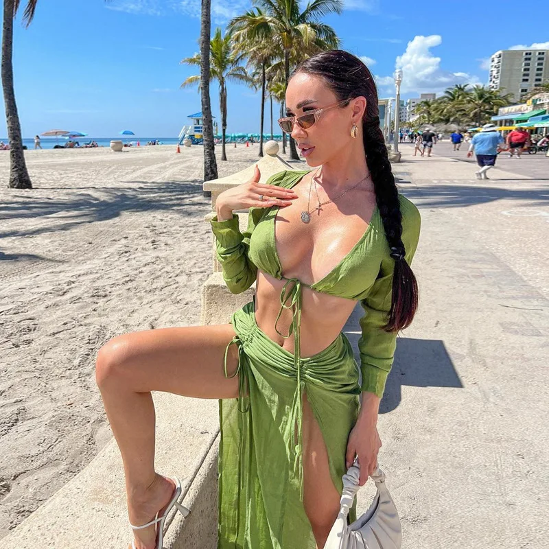 

Two Piece Set 2022 Summer Women Party Beach Outfits Club Green Long Sleeve Crop Top Shirts And Midi Skirts Sexy