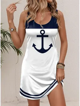 Women's Sleeveless Crew Neck Tank A-Line Mini Dress,Print, White Red Blue, Loose Casual Summer Beach Vacation Daily Dress 1