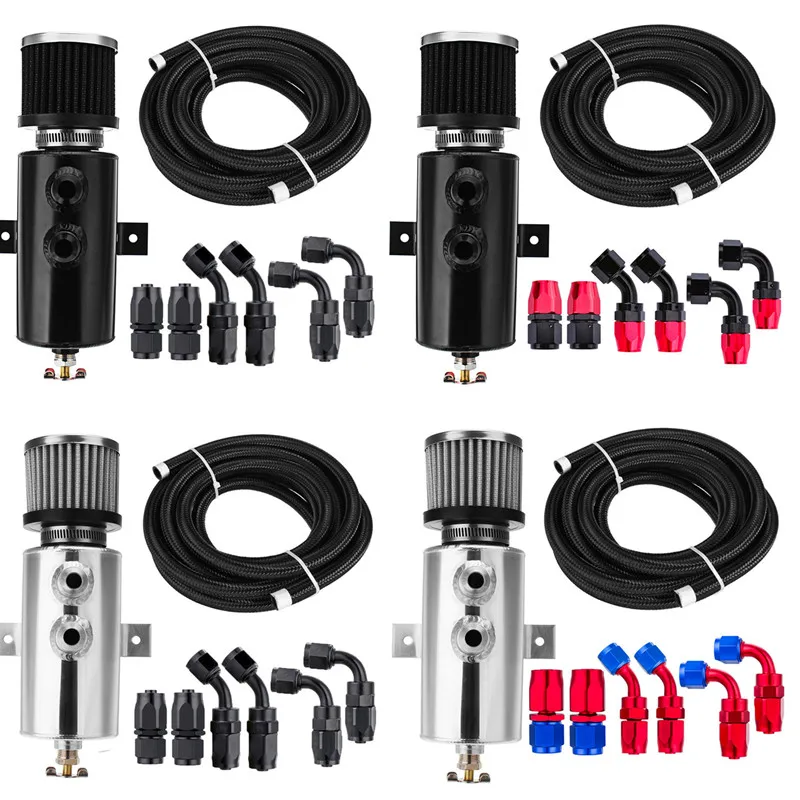 Universal Car 0.75L Set Di Serbatoi Per Serbatoi Di Raccolta Dell'Olio Arruffati In Alluminio Con Scarico Del Filtro Di Sfiato + Raccordi Per Tubi Del