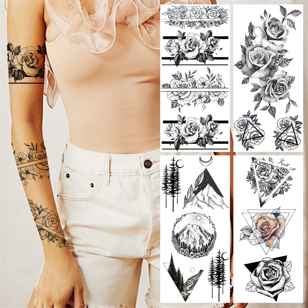 

Татуировка Временная кружевная для женщин, татуировка черная роза, цветок, геометрия, горный лес, имитация татуировки на руку, модные моющиеся татуировки