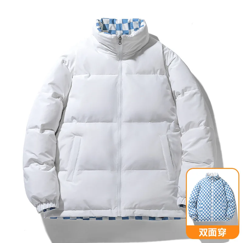 

High-End Two-Sided Wear down Jacket Men's Winter Short Stand Collar Couple's White Duck down Plaid Warm Coat Low Velvet