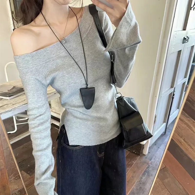 Autumn and Winter New Off Shoulder Long-sleeved Women's Knitted Sweater Fashion and Casual Solid Color Knitwear Bottom Shirt