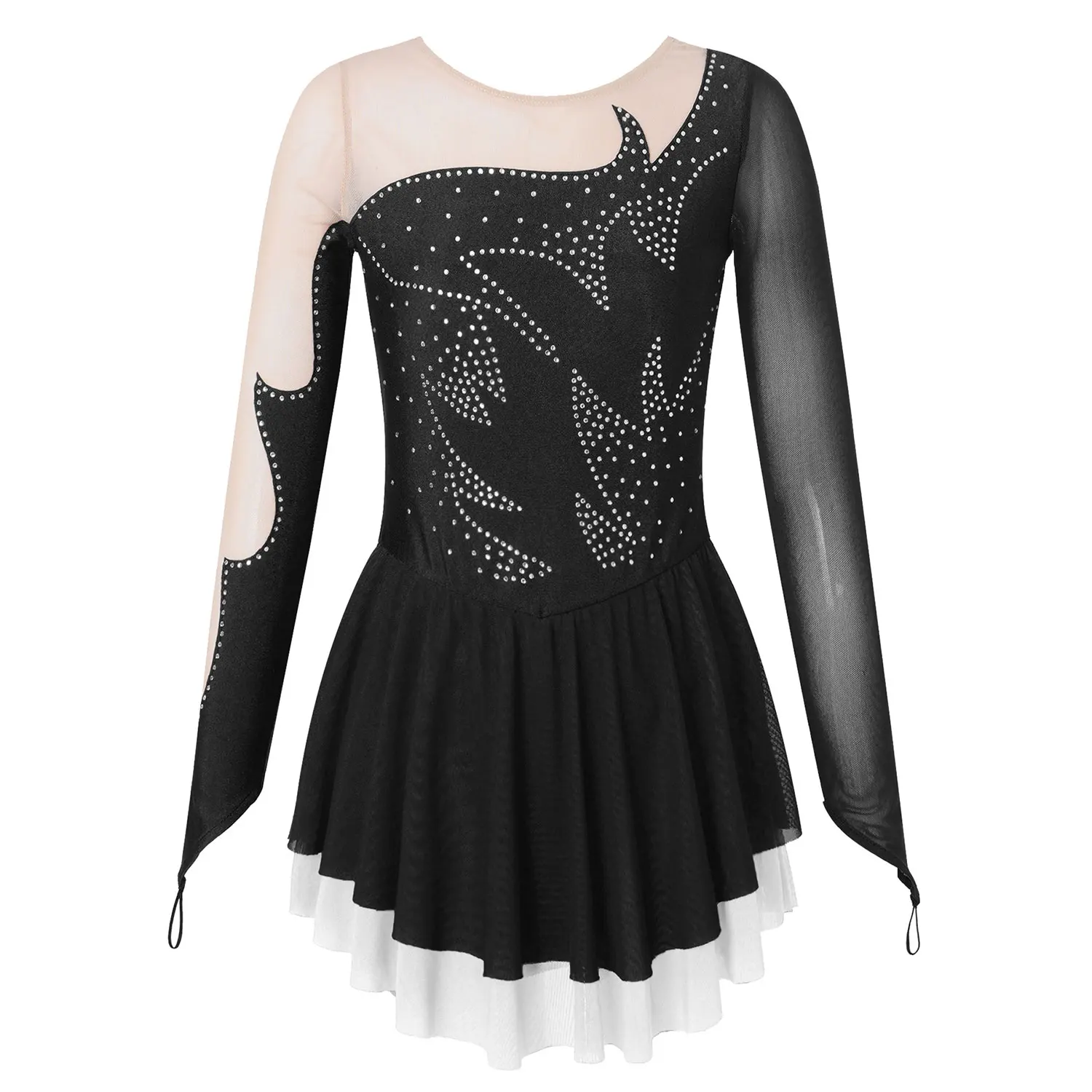 

Girls Kids Sequins Gymnastic Leotard Dress Teen Mesh Long Sleeves Stage Performance Ballet Dance Tulle Figure Ice Skating Dress