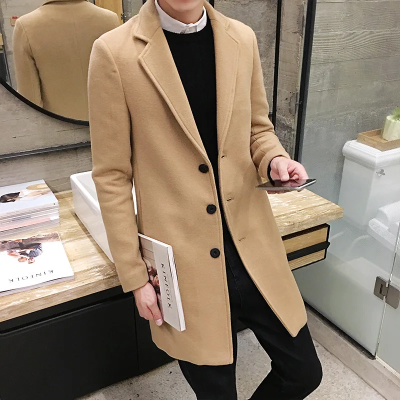 Mens Long Cotton Coat spring autumn New Wool Blend Pure Color Slim Casual Business Fashion Mens Clothing Slim Windbreaker Jacket