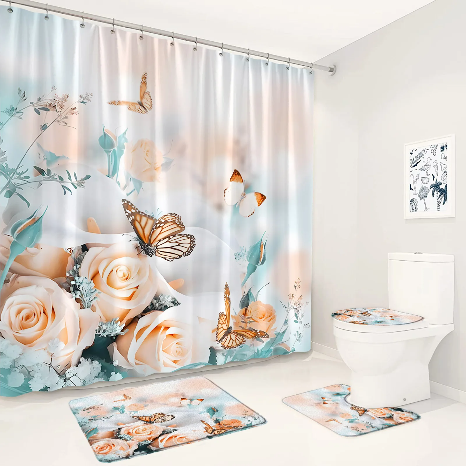 

Butterfly Rose Shower Curtain Set Pink White Flower Plant Spring Rustic Scenery Bathroom Decor Non-Slip Rug Bath Mats Toilet Lid