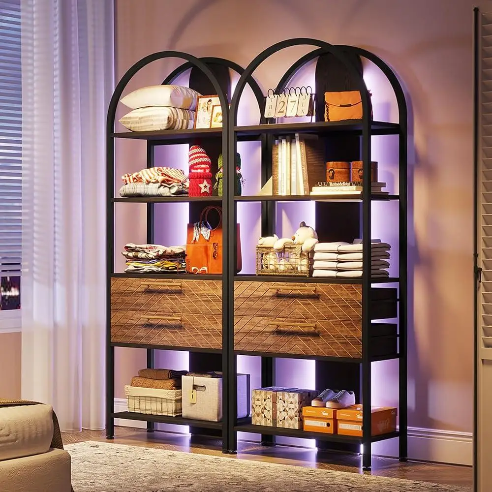4-Tier Bookshelf with LED Light and Drawers Rustic Open Storage Shelf Display Rack Home Office Study 2