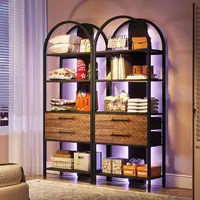 4-Tier Bookshelf with LED Light and Drawers Rustic Open Storage Shelf Display Rack Home Office Study 2