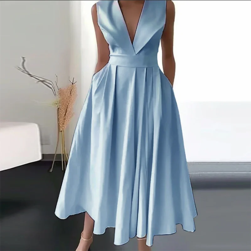 

2024 New Spring V Neck Draped Party Dress Women Solid High Waist Pocket Pleated Long Dress Summer Sleeveless Hem Boho Maxi Dress