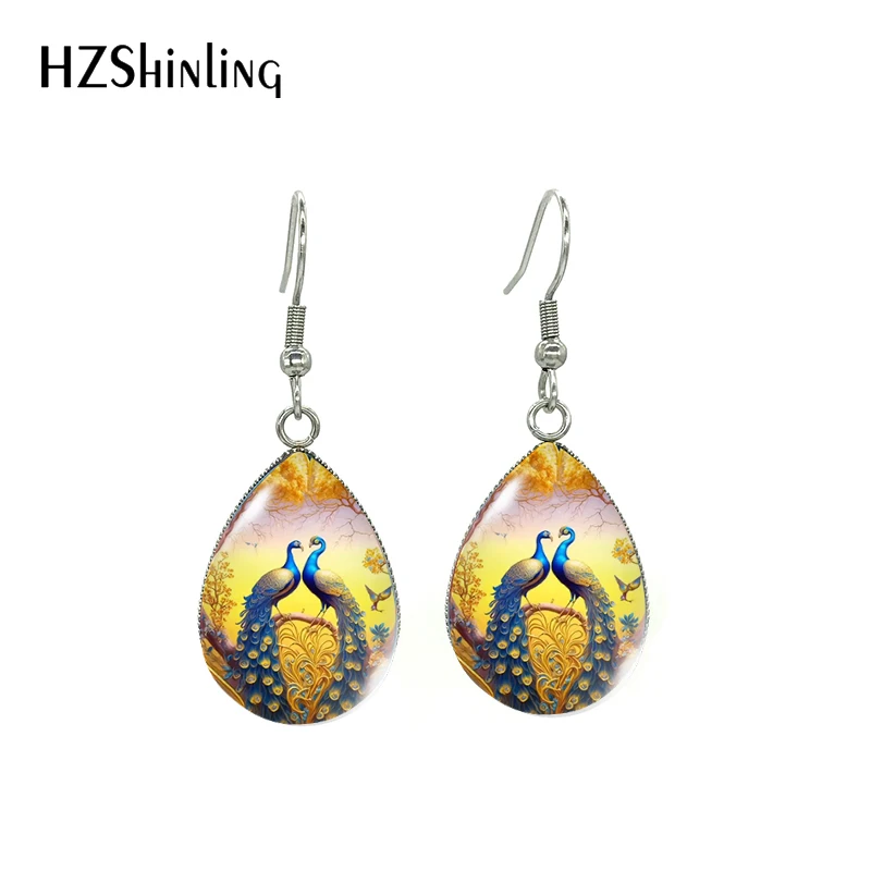 

2023 Teardrop Hoop Earrings Peacock Art Painting Dangle Hook Glass Cabochon Stainless Steel Earrings Jewelry