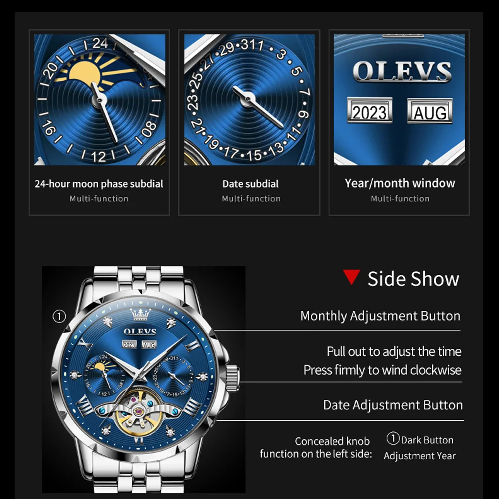 OLEVS Multifunctional  Men's Self-Wind Tourbillon Mechanical Watches Water Resistant Automatic Skeleton Watch Men Relojes