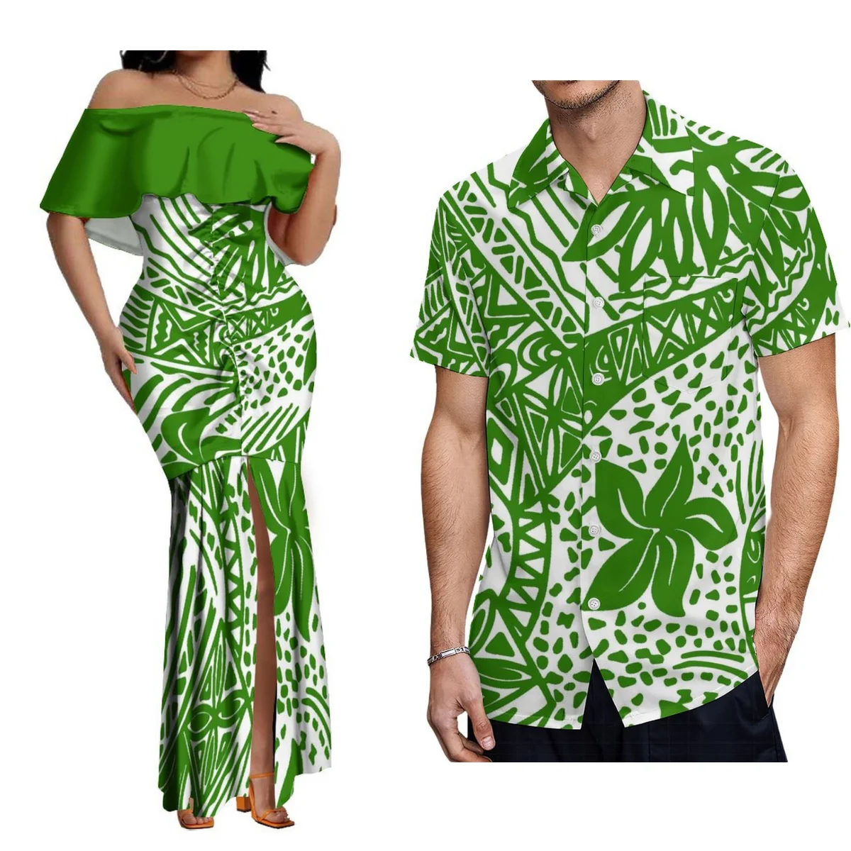 Custom Samoan Dress Women'S Off-The-Shoulder Dress Hawaiian Party Fishtail Skirt And Men'S Shirt Polynesian Couple Suit