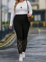GIBSIE Plus Size Women's Fashion Contrast Lace Black Leggings New Spring Fall High Waist Elastic Casual Skinny Leggings Female - Image 5