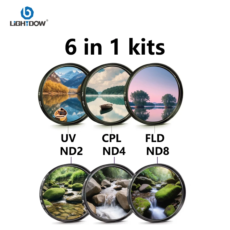 Lightdow 6 in 1 Kits UV + CPL + FLD + ND 2 4 8 Camera Lens Filter 49-82mm