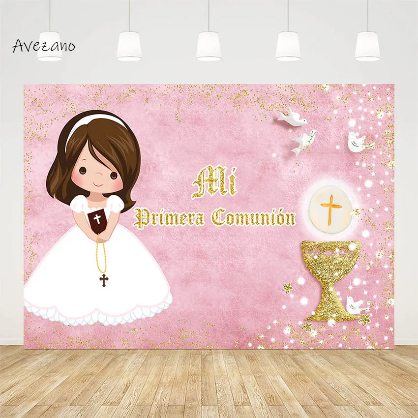 

Avezano Girl First Communion Backdrop Photography Pink Baptism Gold Grail Dove of Peace Baby Party Background Banner Studio Prop