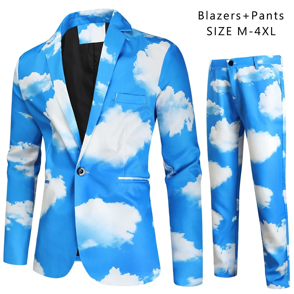 HOO Autumn New Men's Blue Sky White Clouds Printed Suit Two Pieces