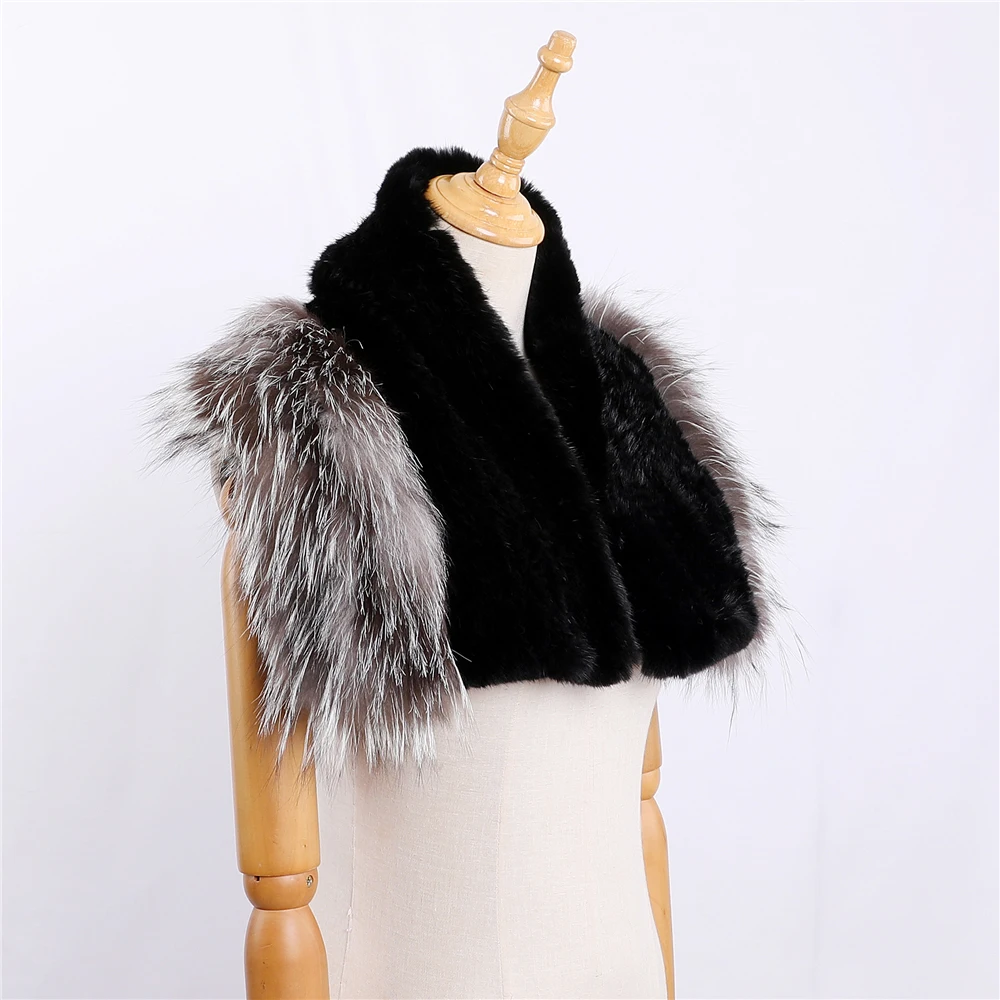 Luxury Women's Winter 100% Mink Fur Knitted Cape Shawl Lady Fashion Silver Fox Fur Collar Scarf Scarves Pashmina Wraps