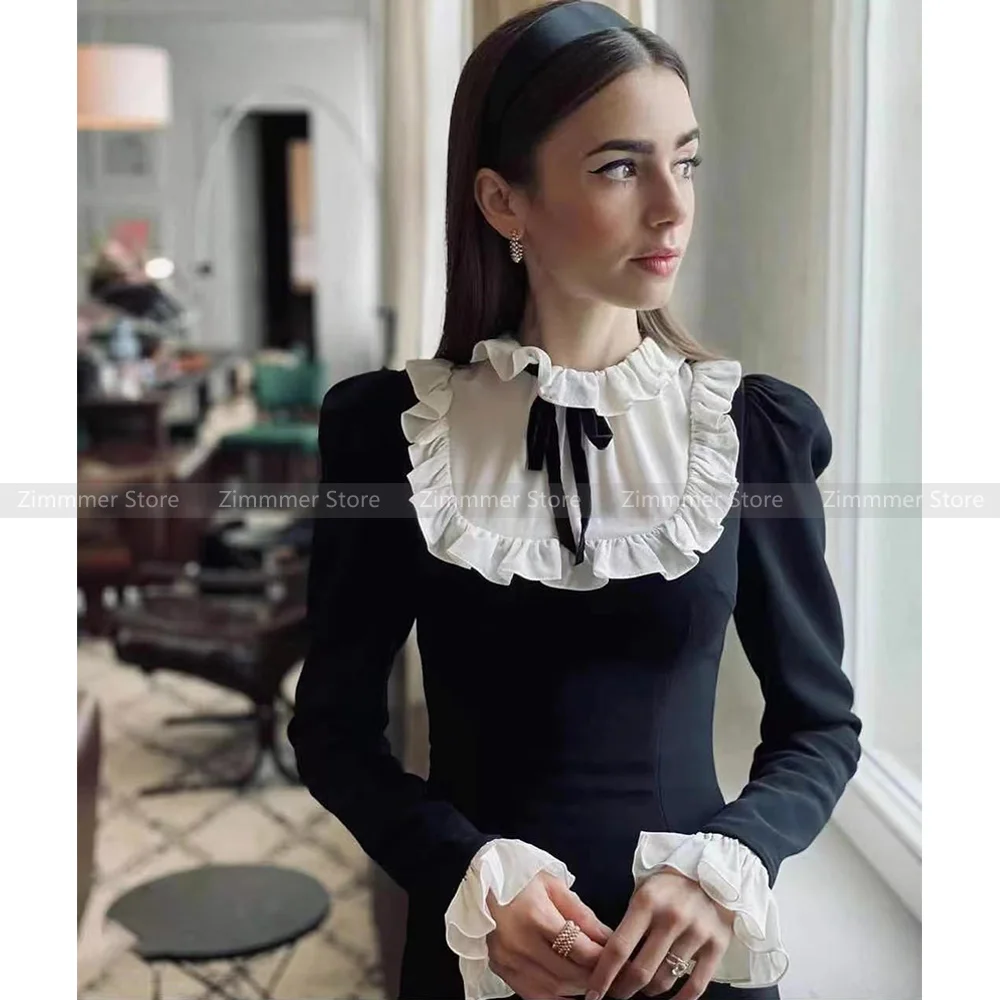 

Knitted black dress women 2023 autumn new colour blocking Slim bottoming dress long-sleeved short skirt