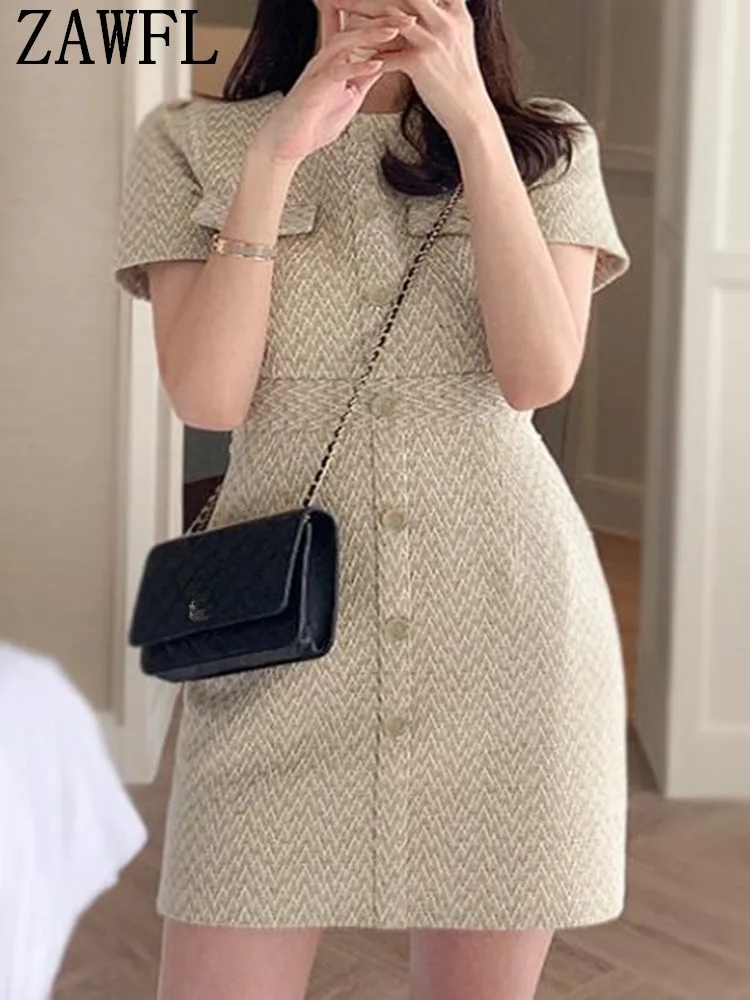 

ZAWFL Women Summer Dress Elegant High Waist Tweed Ruffled Lace Neck Short Sleeve Slim Mini Dress Single Breasted 2023 New