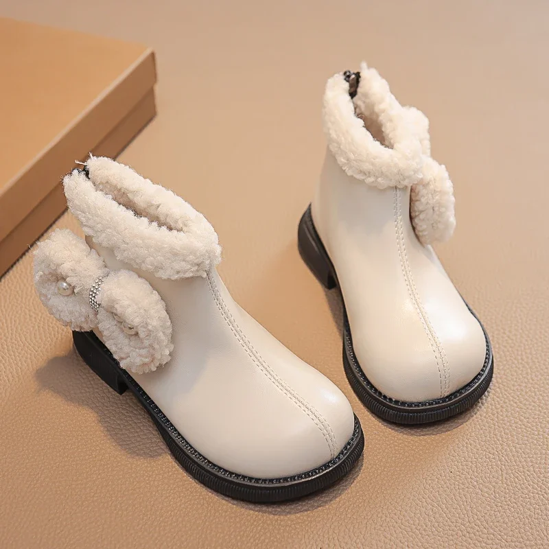 

Ботинки для девочек, универсальные плюшевые теплые ботинки челси с бантом на молнии сзади, модные детские милые ботинки, осень и зима 2023, Детские повседневные ботинки