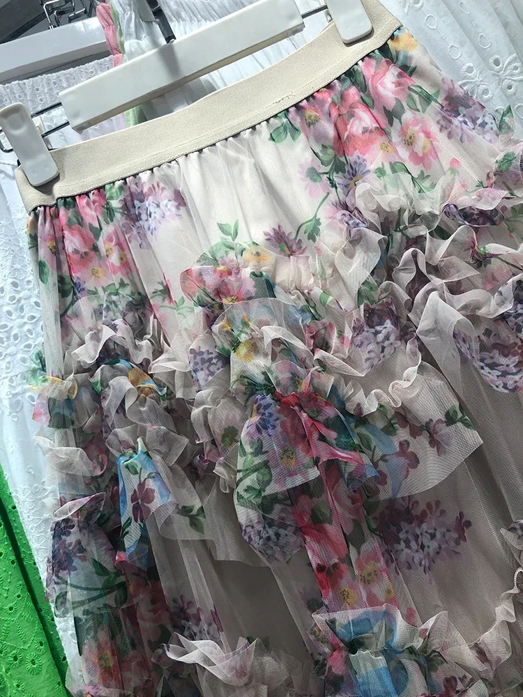French Chic Maxi Skirts for Women Mesh Patchwork Floral Printed