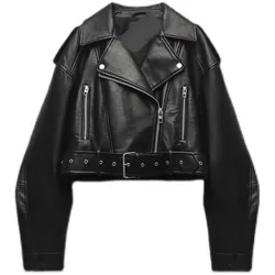 Women's Oversized Vintage Faux Leather Short Jacket with Belt - Retro Moto Biker Style - M (Black)