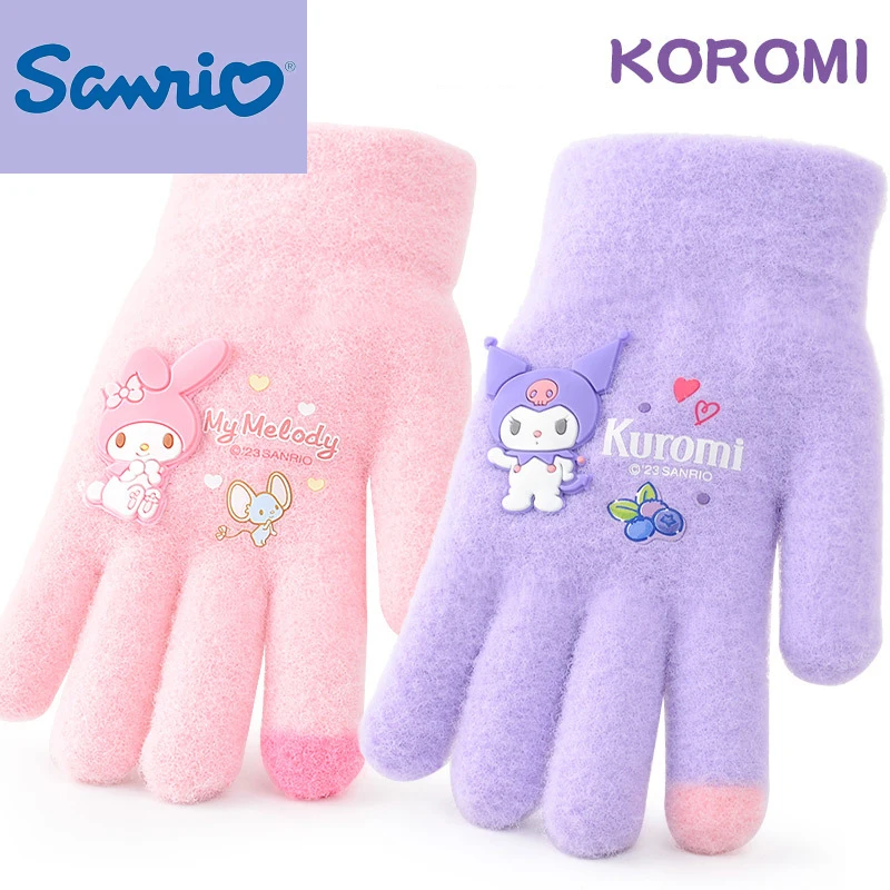 

2023 New Kawaii Sanrio My Melody Kuromi Children's Gloves To Keep Warm in Winter Pink Purple Girls Five-finger Plush Gloves