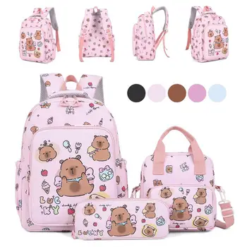 3Pcs/Set Kawaii Capybara Backpack Large Capacity Cartoon Teenager Fashion Nylon Lightweight Rucksack Set 1
