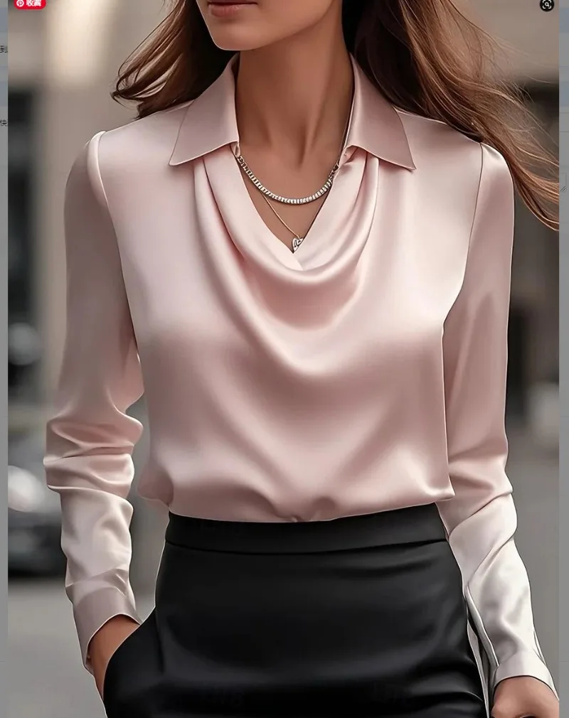 Fashion Spring and Autumn New Women's Turn Down Collar Simple Long-sleeved Shirt Elegant Satin Satin Commuter Casual Blouse