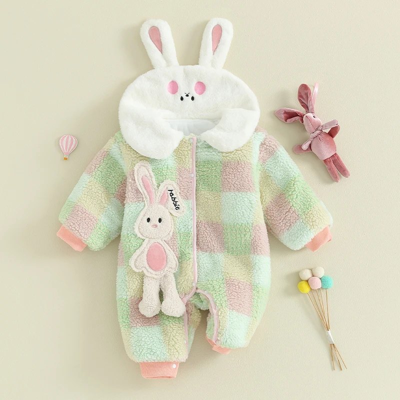 

Baby Girls Rompers Infant Fuzzy Heart Pattern Zipper Long Sleeve Bodysuit Newborn Hooded Jumpsuits For Winter