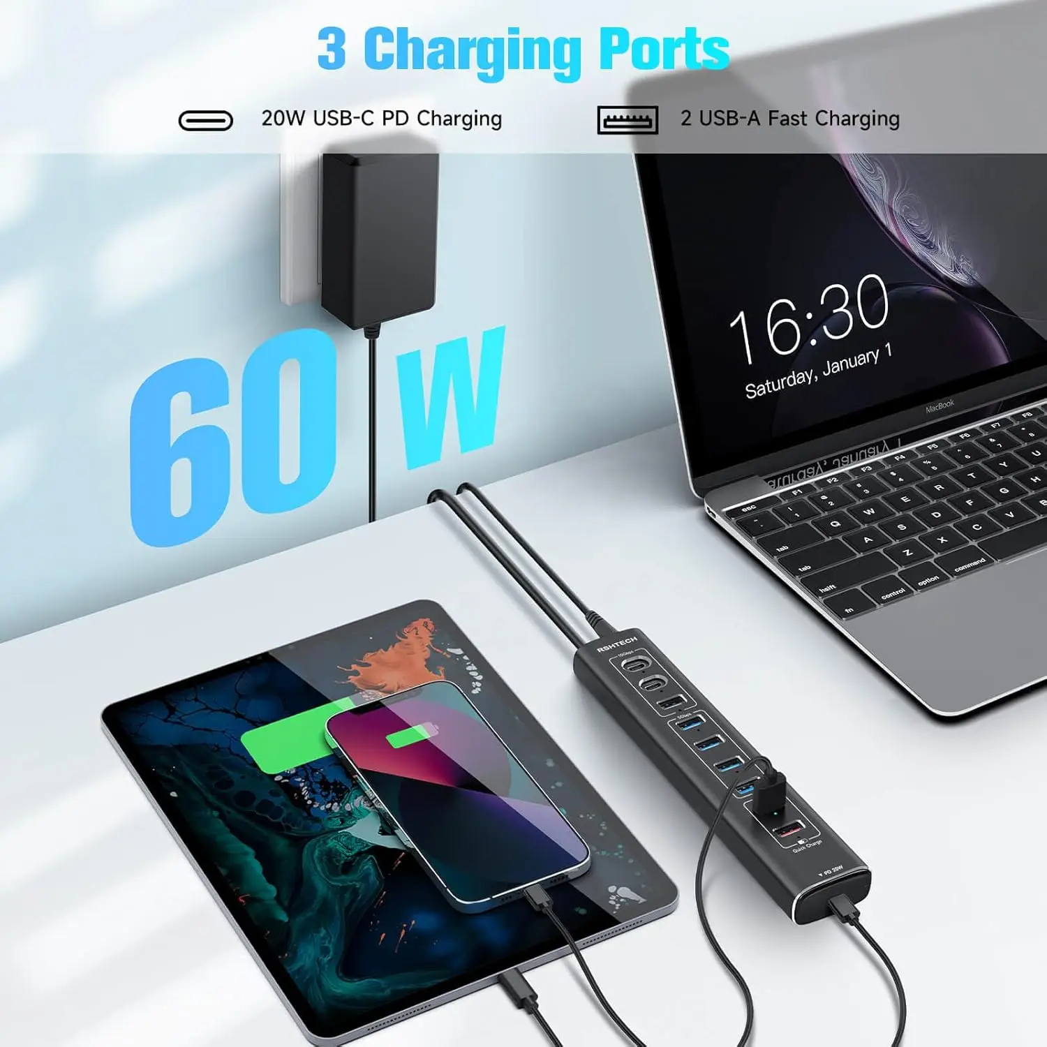 RSHTECH 20W USB C PD Fast Charging 10-Port USB Hub with 10Gbps Data Transfer Aluminum USB Splitter for Laptop PC Computers 5