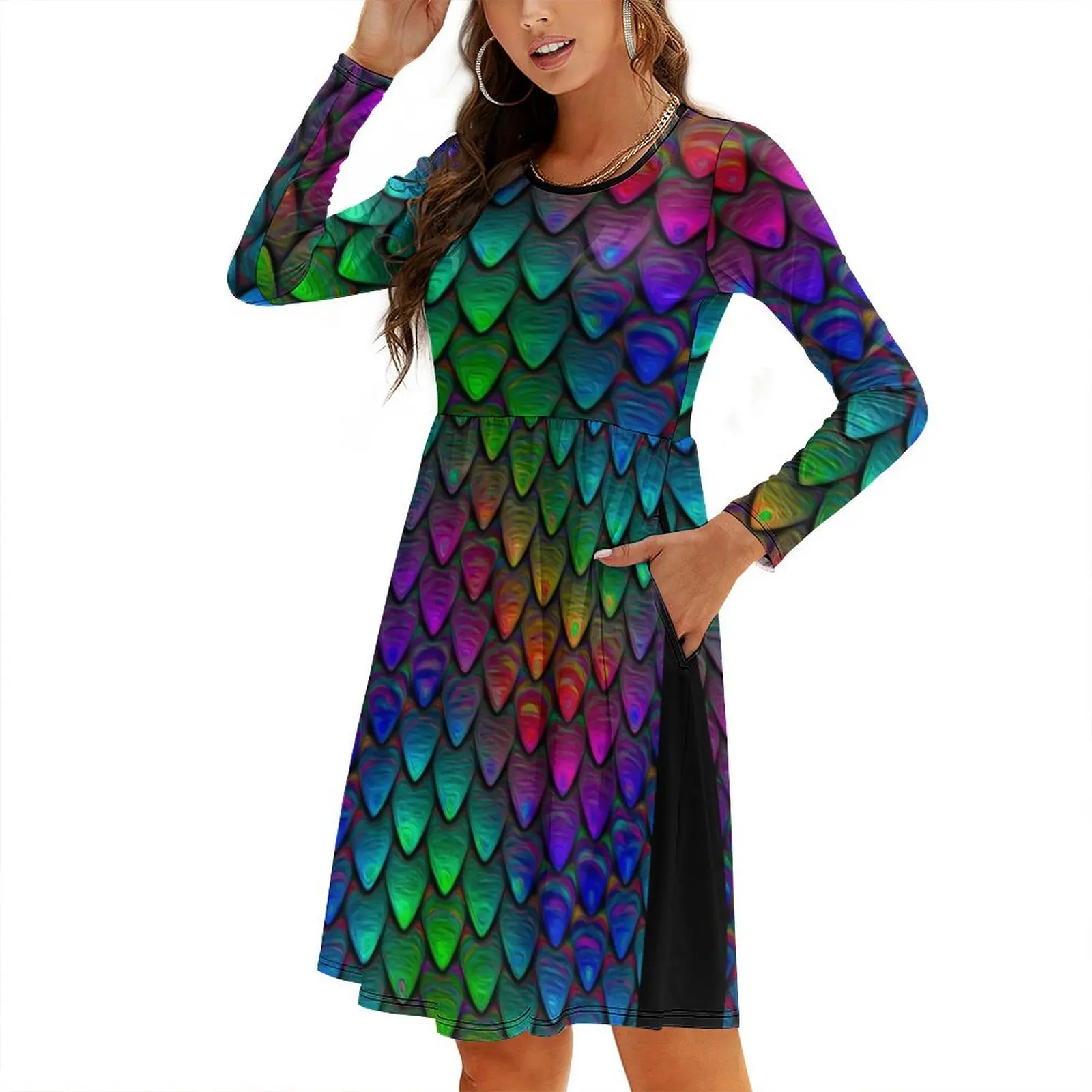 

DRAGON SCALE TILES Round Neck Baggy Dress long dress women summer women's summer jumpsuit Women dresses summer Party dresses