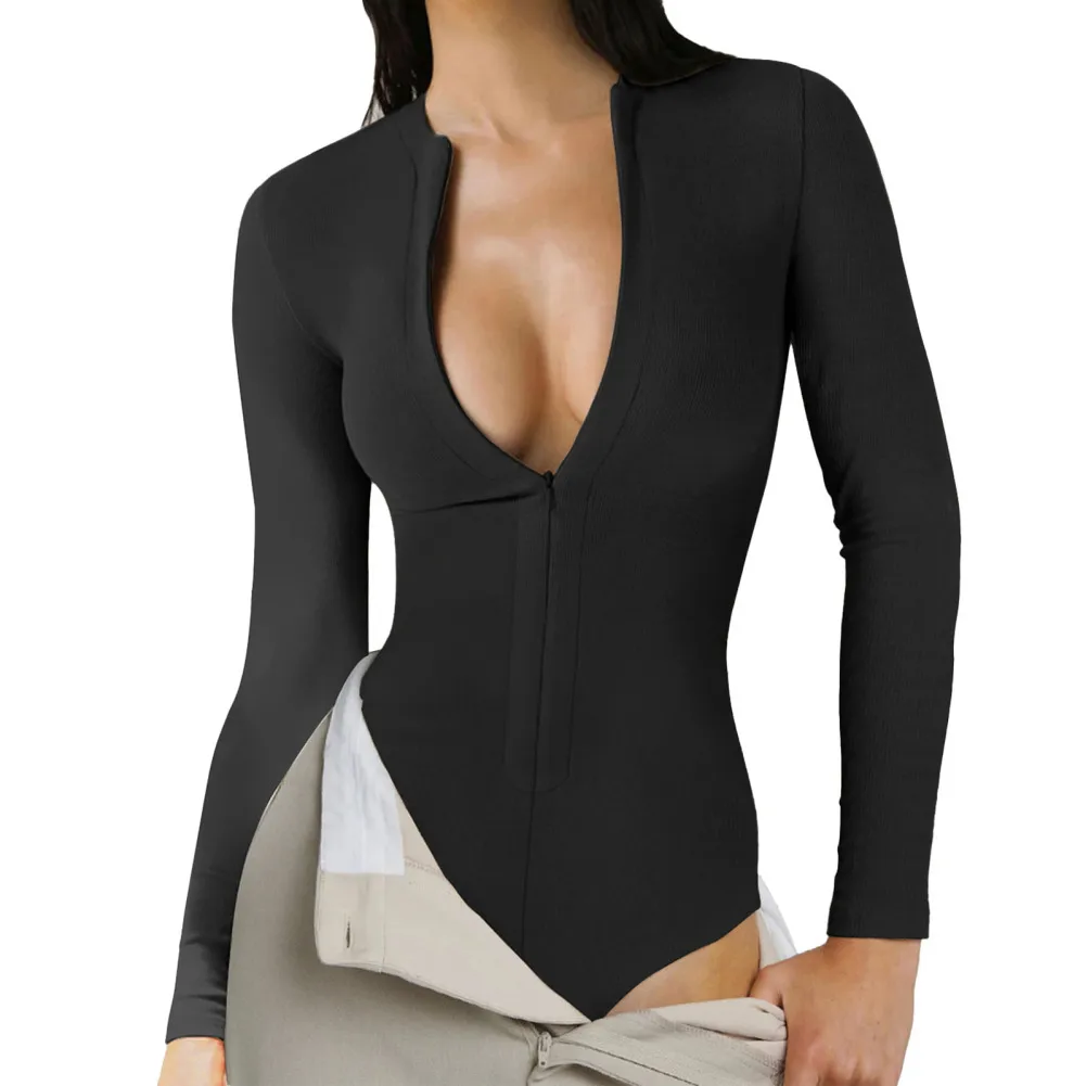 

Women's Bodysuits Zip Front Slim Fit Ribbed Long Sleeve Tops Bodysuits For Party Beach Club Nightout