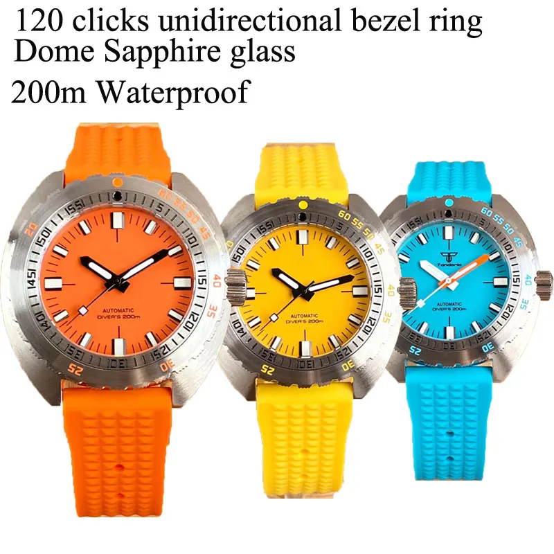 200m WaterResistant Tandorio 42MM 300T Sky Blue/Orange Dial Lume Automatic NH35 PT5000 Men Watch Bow Sapphire Crystal AR coating