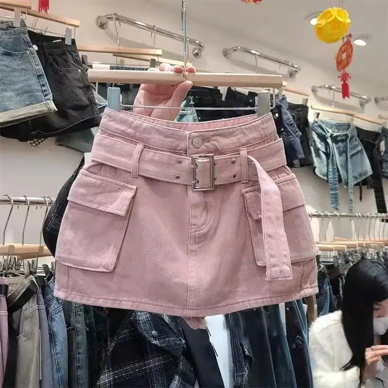 Doce rosa picante saia jeans linha A feminino, design de bolso, anti brilho, envoltório quadril, cintura alta, saia curta fina