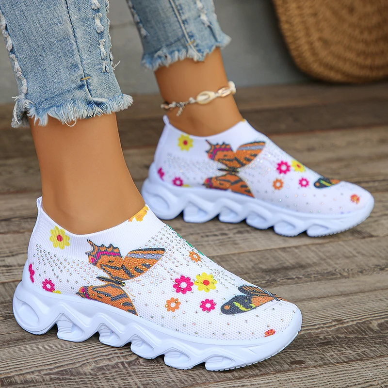 Shiny Crystal Women's Knitted Sneakers Summer 2024 New Breathable Air Mesh Casual Shoes Woman Light Weight Walking Sports Flats