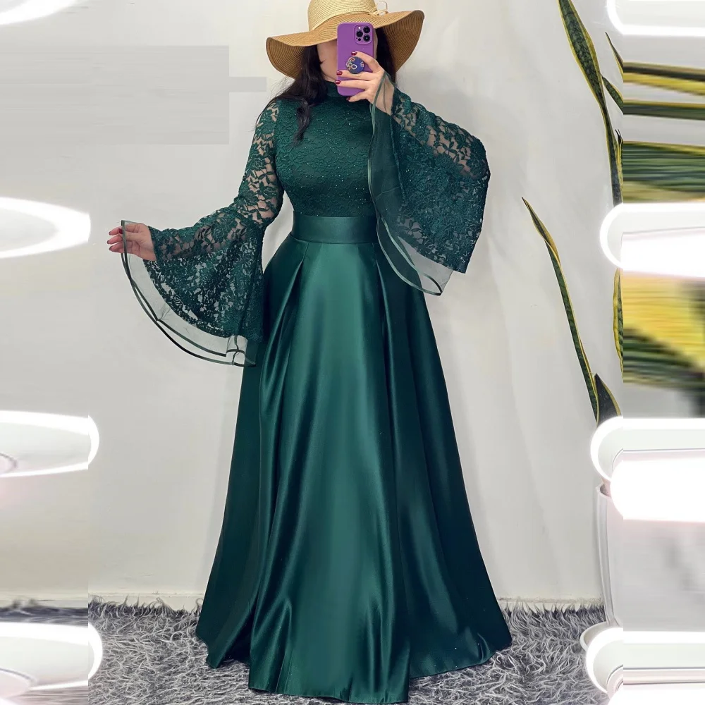

High Neck Satin Vintage Elegant Flare Sleeves Lace A-Line Evening Formal Occasion Dresses Ruched Simple Party Women Gown 2023