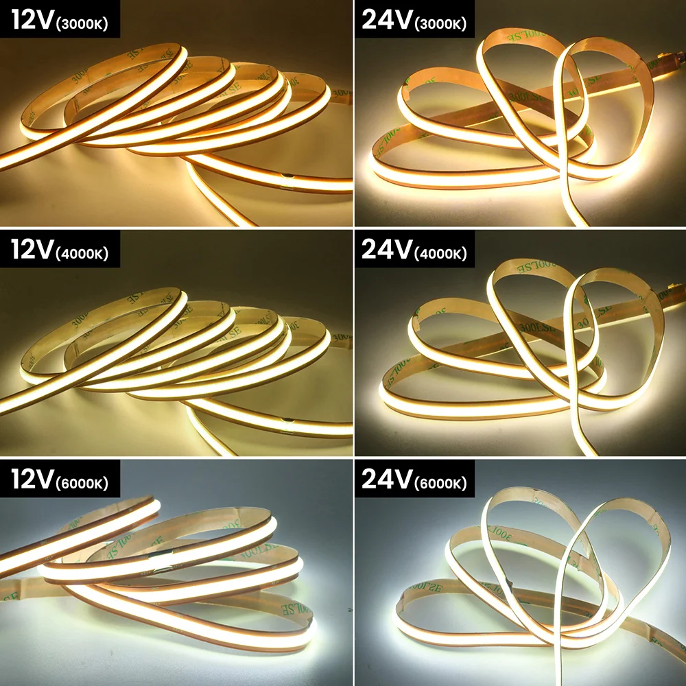 COB LED 스트립 조명 프리 컷 12V 24V 1m 2m 5m 10m 0.5m 유연한 테이프 528LED/M 고밀도 선형 조명 따뜻한/자연 흰색