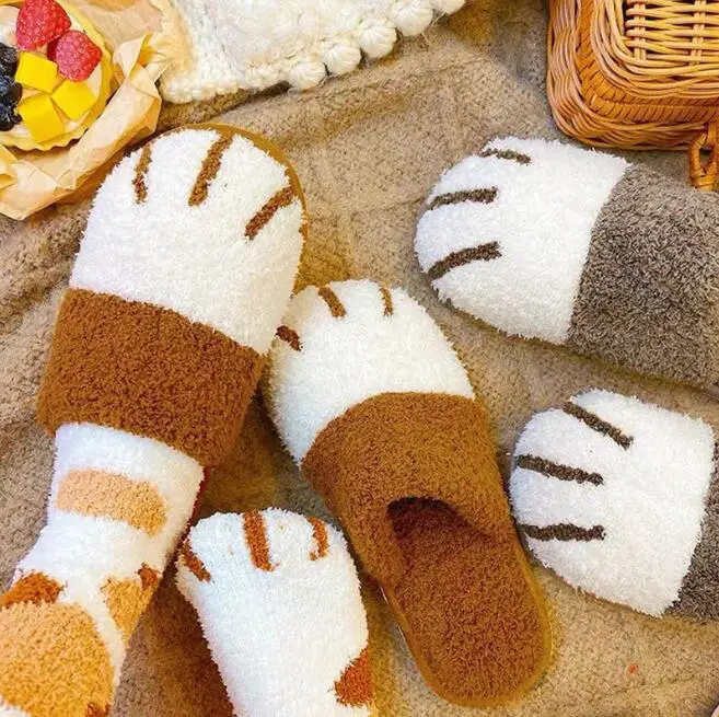 

New Winter Warm Plush Slippers Cute Cat Paw Women Fur Slippers Floor Mute Bedroom Lovers Indoor Fluffy Shoes