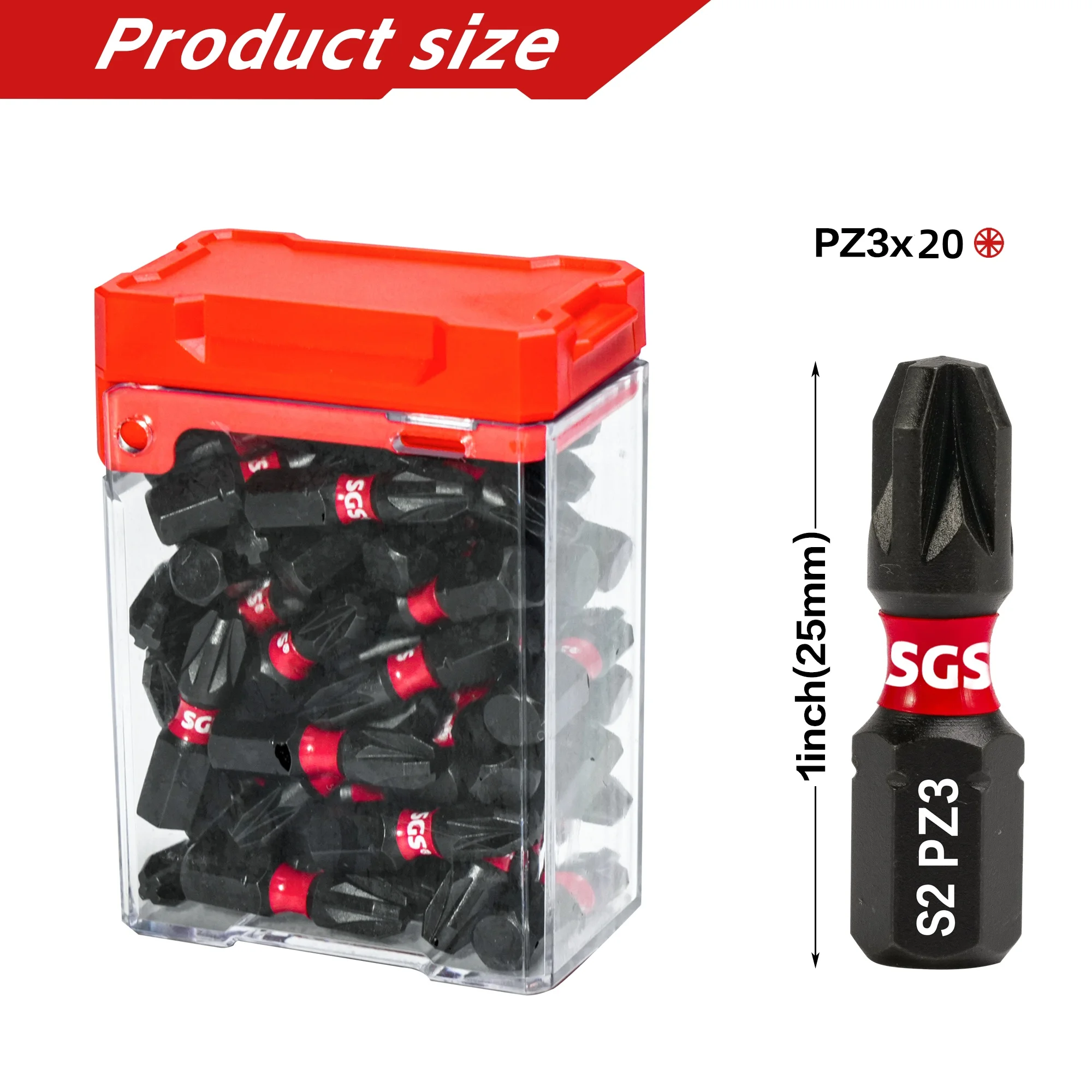 25mm 짧은 Pz1/Pz2/Pz 3m 스크루드라이버 비트 20개 세트, S2 스틸, 토크 쿠셔닝, 정밀 피팅, 레드 캡, 투명 보관함, 전동 드릴 임팩트 액세서리