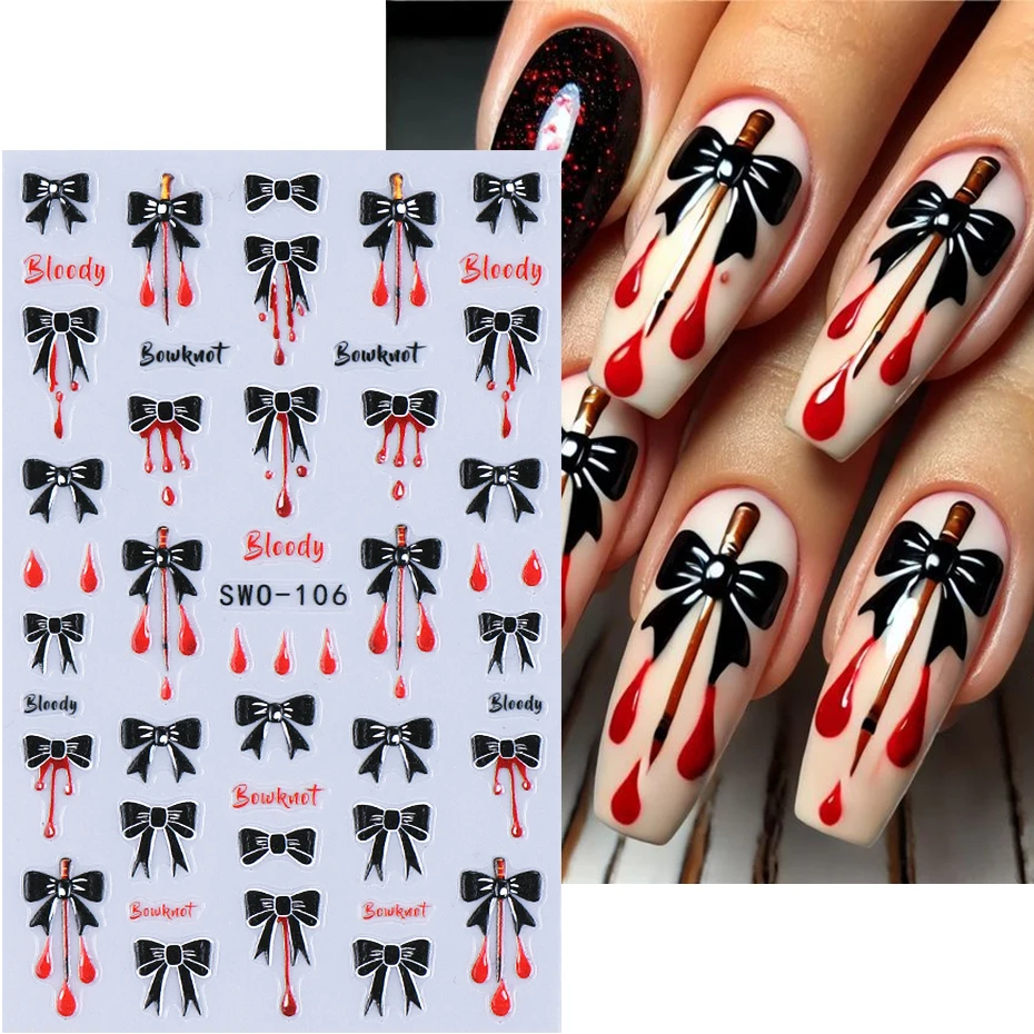 2pcs Y2K Black Bow Nail Stickers Blood Drop LineTextured Adhesive Nail Decals Sliders DIY Halloween Holographic Manicure Decor