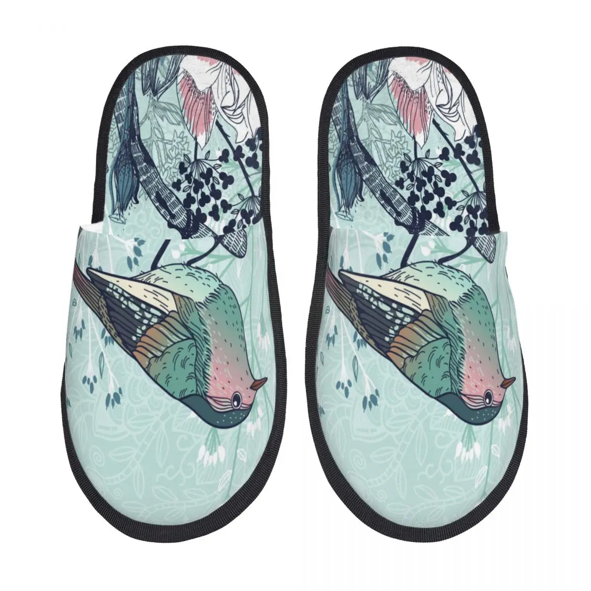 

Домашние тапочки, домашние тапочки для спальни, маленькая птица и цветущие цветы, искусственная пушистая плюшевая обувь