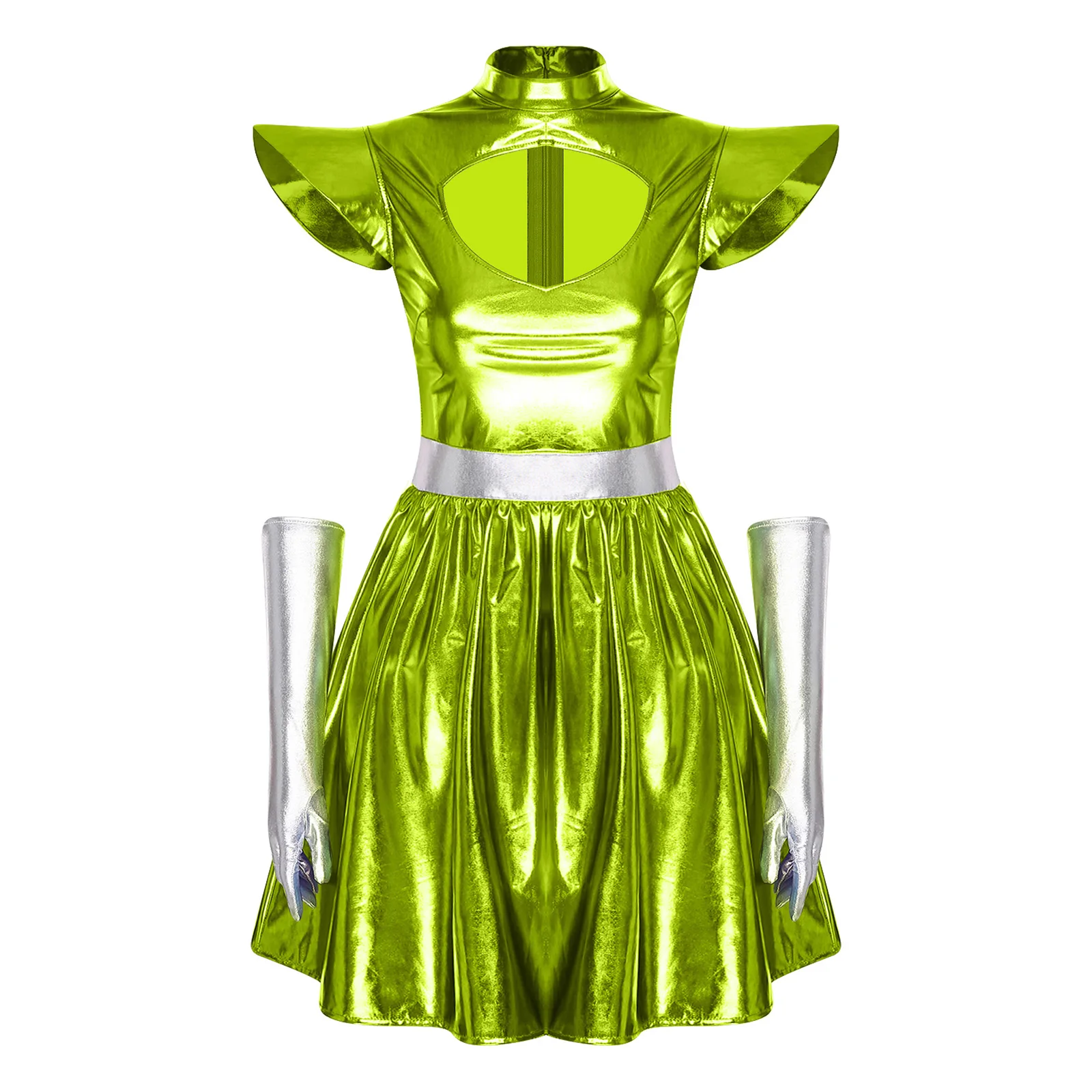 Women's Metallic Astronaut Cosplay Dress with Gloves and Structured Shoulders