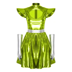 Women's Metallic Astronaut Cosplay Dress with Gloves and Structured Shoulders - M (Green)
