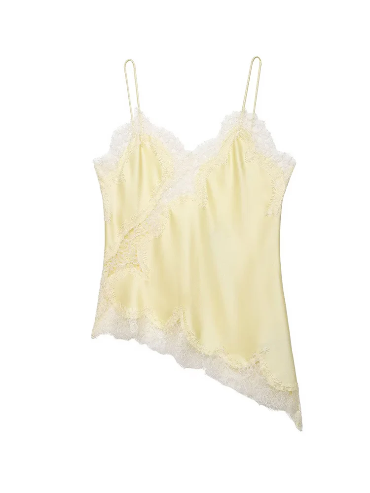 TFMLN Woman Sexy Asymmetrical Hem Sling Top V-neck Sleeveless Backless Hollow Lace Splice Summer Slim Tops Fashion Elegant