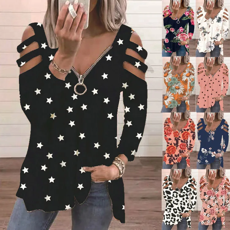 

2023 New European and American Women's V-neck Zipper Off-the-shoulder Long-sleeved Printed T-shirt Top Women